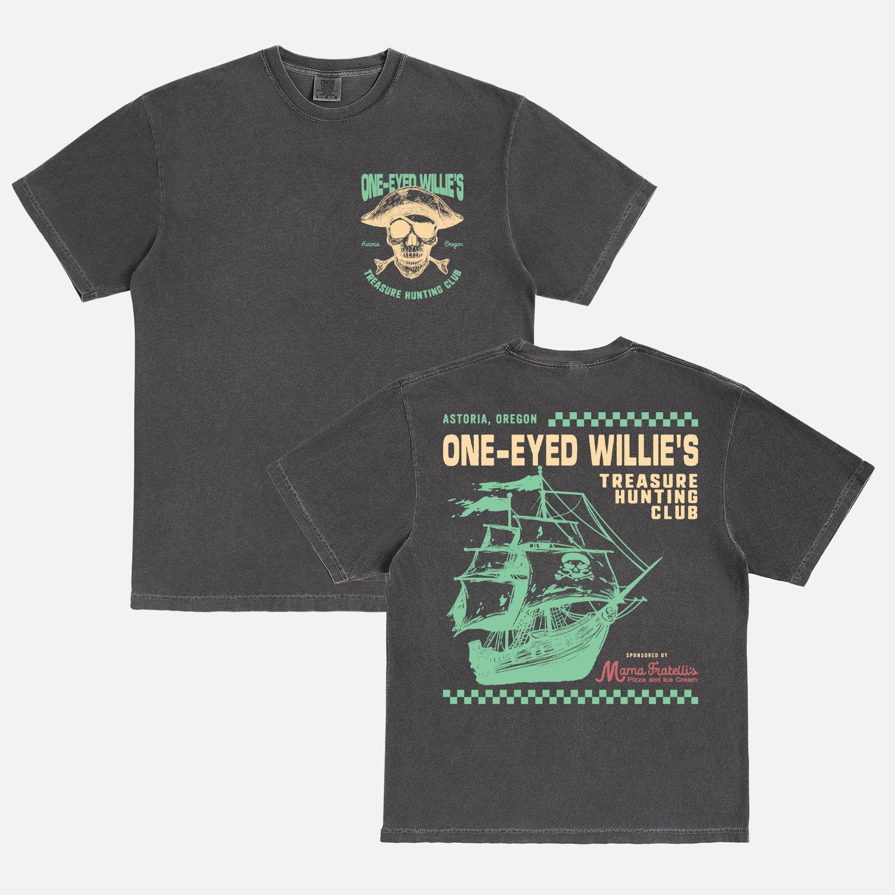 Vintage The Goonies movie graphic tee, funny one-eyed willies treasure hunting club t-shirt in faded black