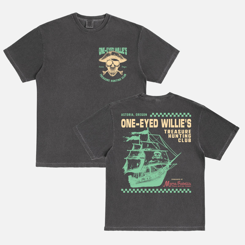 Vintage The Goonies movie graphic tee, funny one-eyed willies treasure hunting club t-shirt in faded black