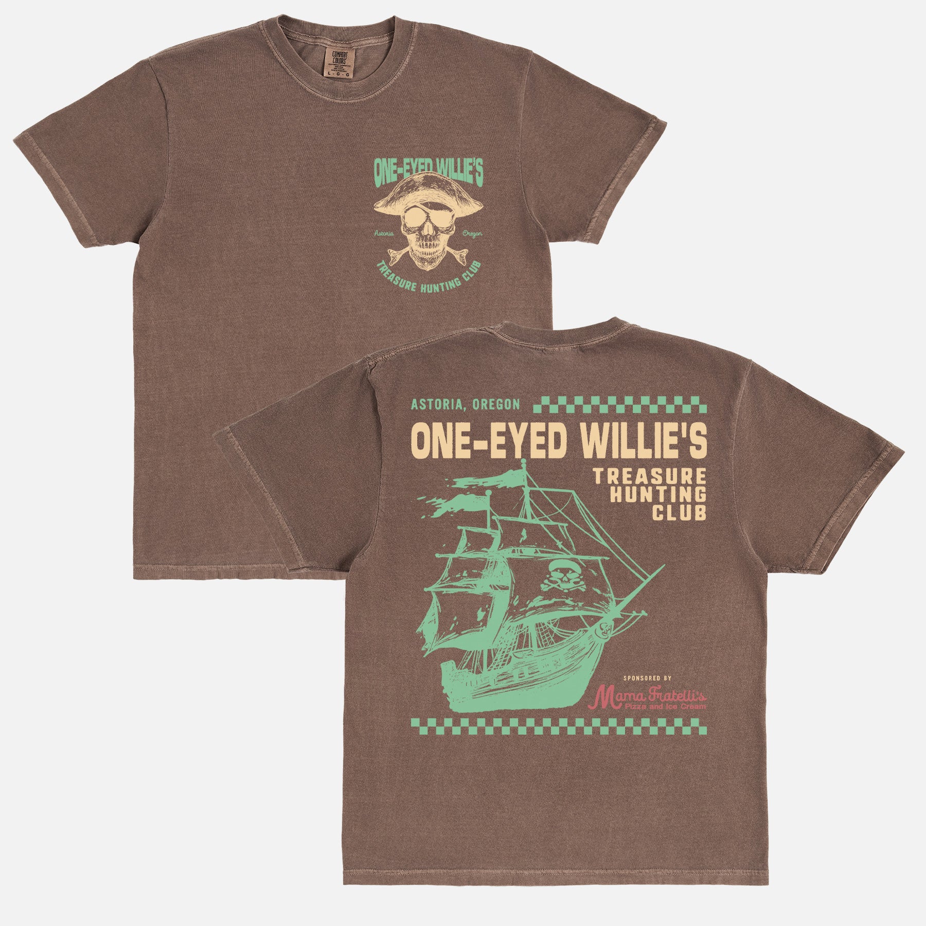 Vintage The Goonies movie graphic tee, funny one-eyed willies treasure hunting club t-shirt in faded brown