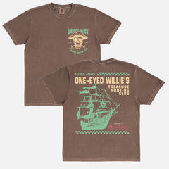 Vintage The Goonies movie graphic tee, funny one-eyed willies treasure hunting club t-shirt in faded brown