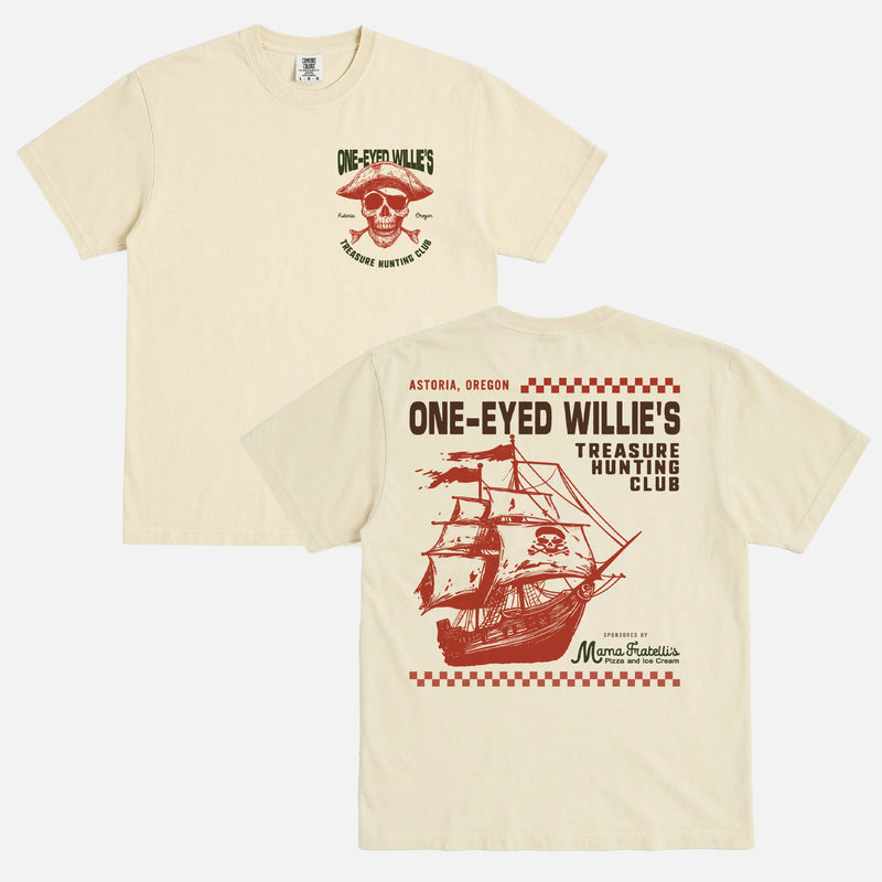 Vintage The Goonies movie graphic tee, funny one-eyed willies treasure hunting club t-shirt in off white beige