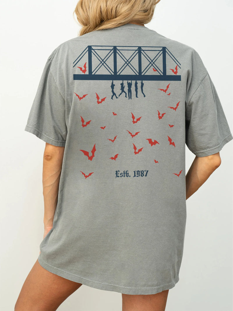 The Lost Boys 1987 faded grey and red graphic t-shirt, retro Santa Carla Vampire Hunting Club graphic Comfort Colors tee shirt with front and back print for sale at Throwbacks