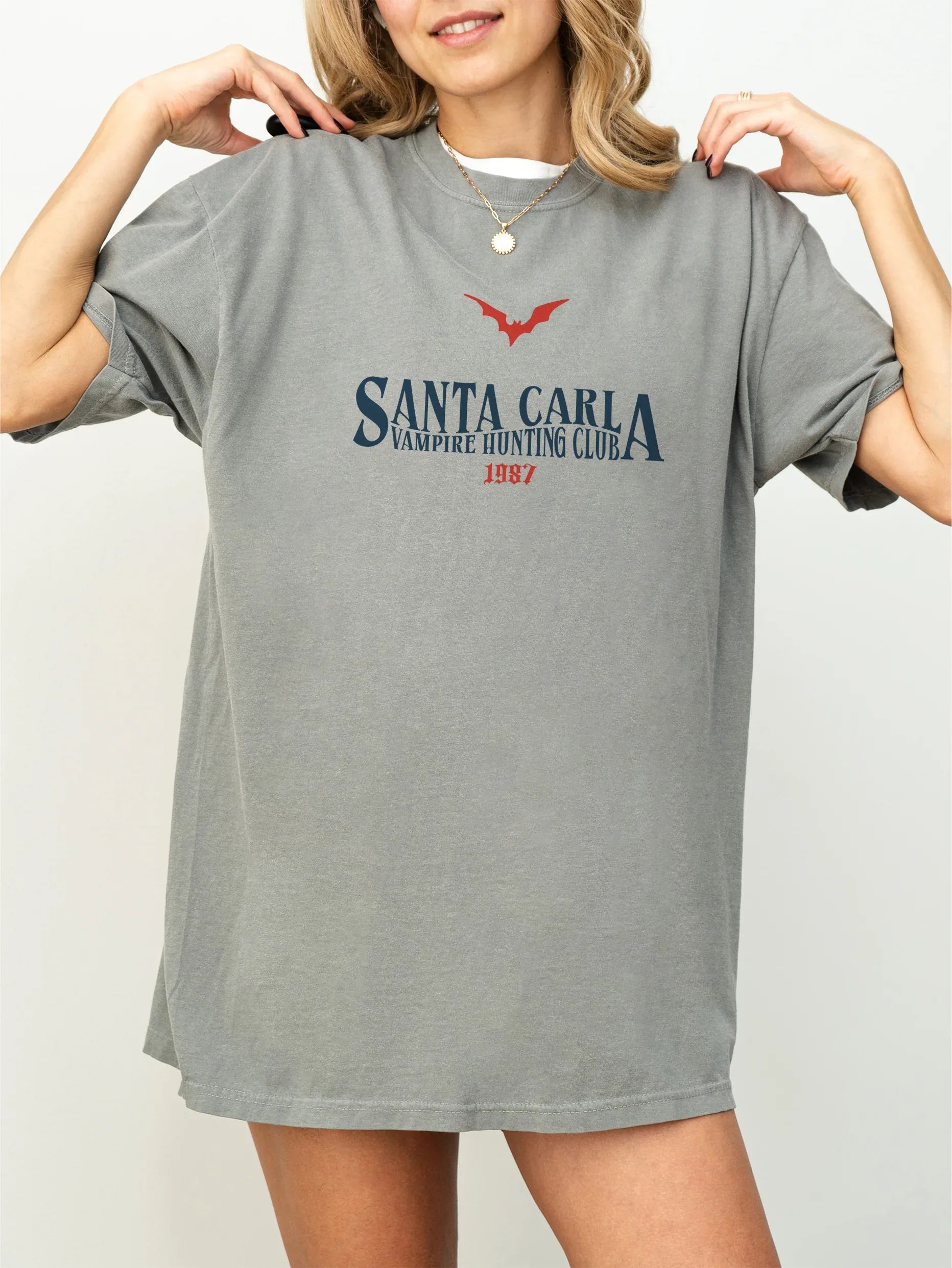 The Lost Boys 1987 faded grey and red graphic t-shirt, retro Santa Carla Vampire Hunting Club graphic Comfort Colors tee shirt with front and back print for sale at Throwbacks