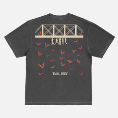 The Lost Boys 1987 faded black and red graphic t-shirt, retro Santa Carla Vampire Hunting Club graphic Comfort Colors tee shirt with front and back print for sale at Throwbacks