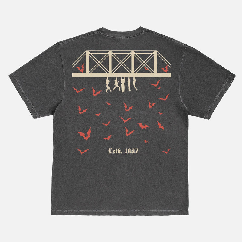 The Lost Boys 1987 faded black and red graphic t-shirt, retro Santa Carla Vampire Hunting Club graphic Comfort Colors tee shirt with front and back print for sale at Throwbacks