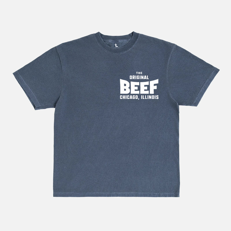 The Bear TV show t-shirt, jeremy allen white fan merch, navy comfort colors retro the original beef of chicagoland restaurant 