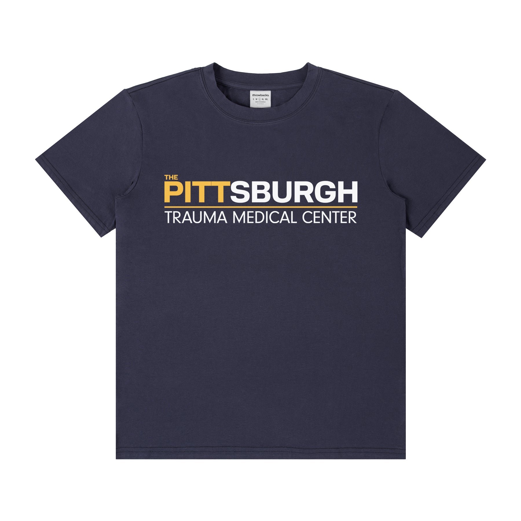 The Pitt TV show graphic tee with Pittsburgh Trauma Medical Center Logo on a unisex navy t-shirt
