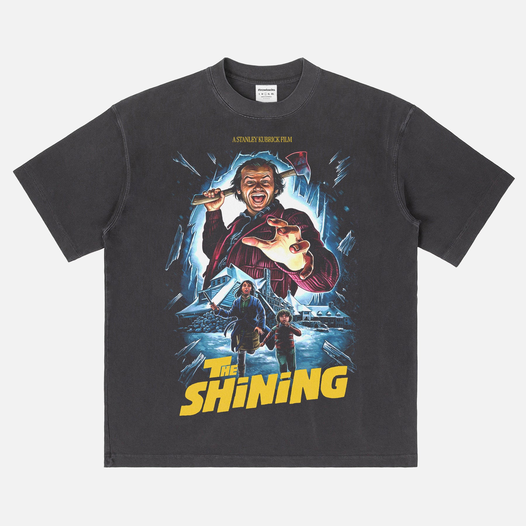 Stanley Kubrick's The Shining horror movie graphic t-shirt with custom movie poster art on a washed black heavyweight streetwear tee