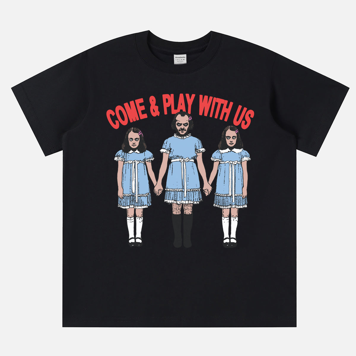 Funny The Shining movie t-shirt with Jack Torrance and the Grady twins on a unisex black graphic tee