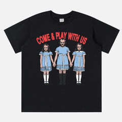 Funny The Shining movie t-shirt with Jack Torrance and the Grady twins on a unisex black graphic tee