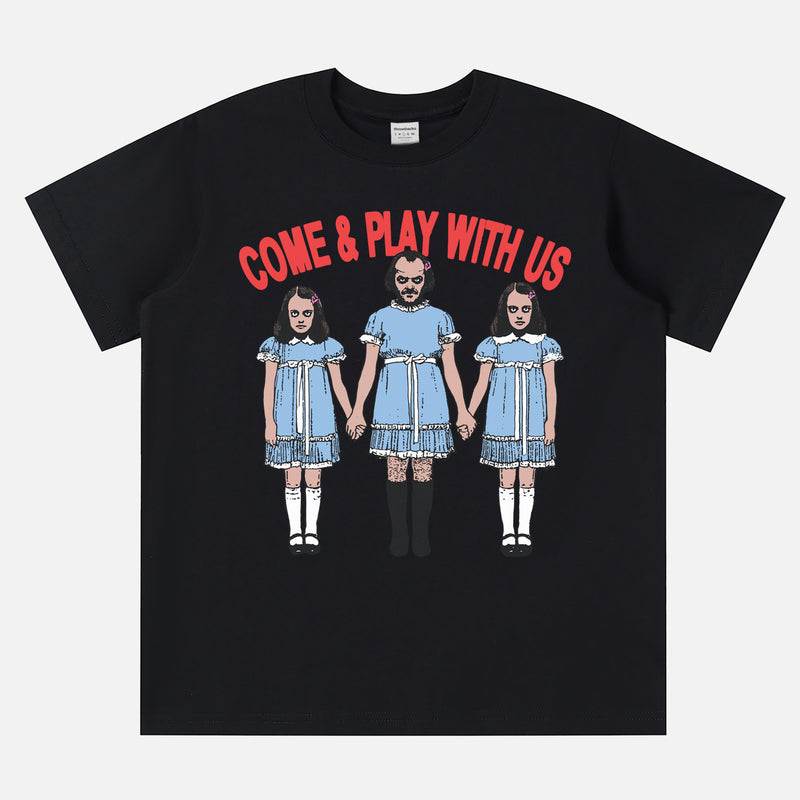 Funny The Shining movie t-shirt with Jack Torrance and the Grady twins on a unisex black graphic tee
