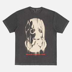 The Strangers horror movie t-shirt with mask and Because You Were Home quote on a faded black comfort colors shirt