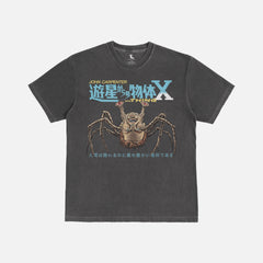 Faded distressed black John Carpenter's The Thing horror movie t-shirt on oversized unisex tee with norris spiderhead and japanese movie poster text for sale at Throwbacks