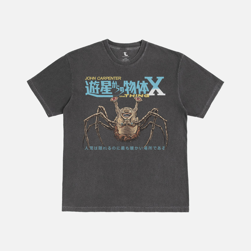 Faded distressed black John Carpenter's The Thing horror movie t-shirt on oversized unisex tee with norris spiderhead and japanese movie poster text for sale at Throwbacks