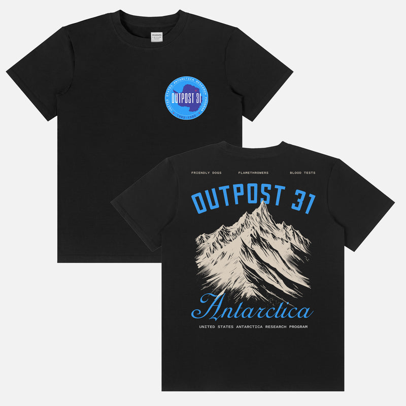 Retro Outpost 31 Antarctica Research Team t-shirt, The Thing 1982 vintage movie graphic tee in black