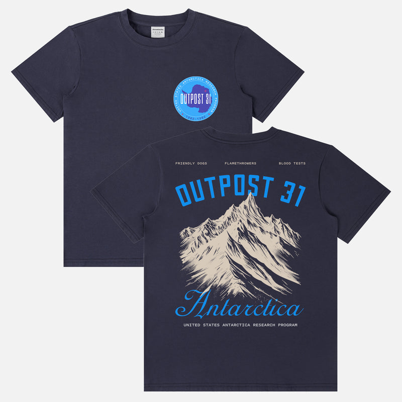 Retro Outpost 31 Antarctica Research Team t-shirt, The Thing 1982 vintage movie graphic tee in navy