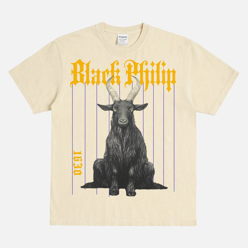 The VVitch movie graphic tee grunge Black Philip the goat streetwear heavyweight distressed faded cream A24 horror movie t-shirt