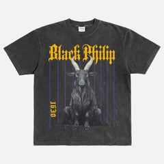 The VVitch movie graphic tee grunge Black Philip the goat streetwear heavyweight distressed faded black A24 horror movie t-shirt