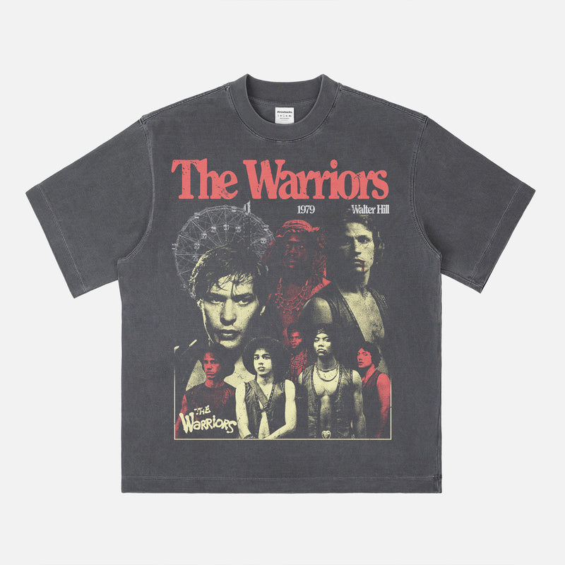 1979 The Warriors movie graphic tee shirt with grunge bootleg design on a washed black heavyweight t-shirt