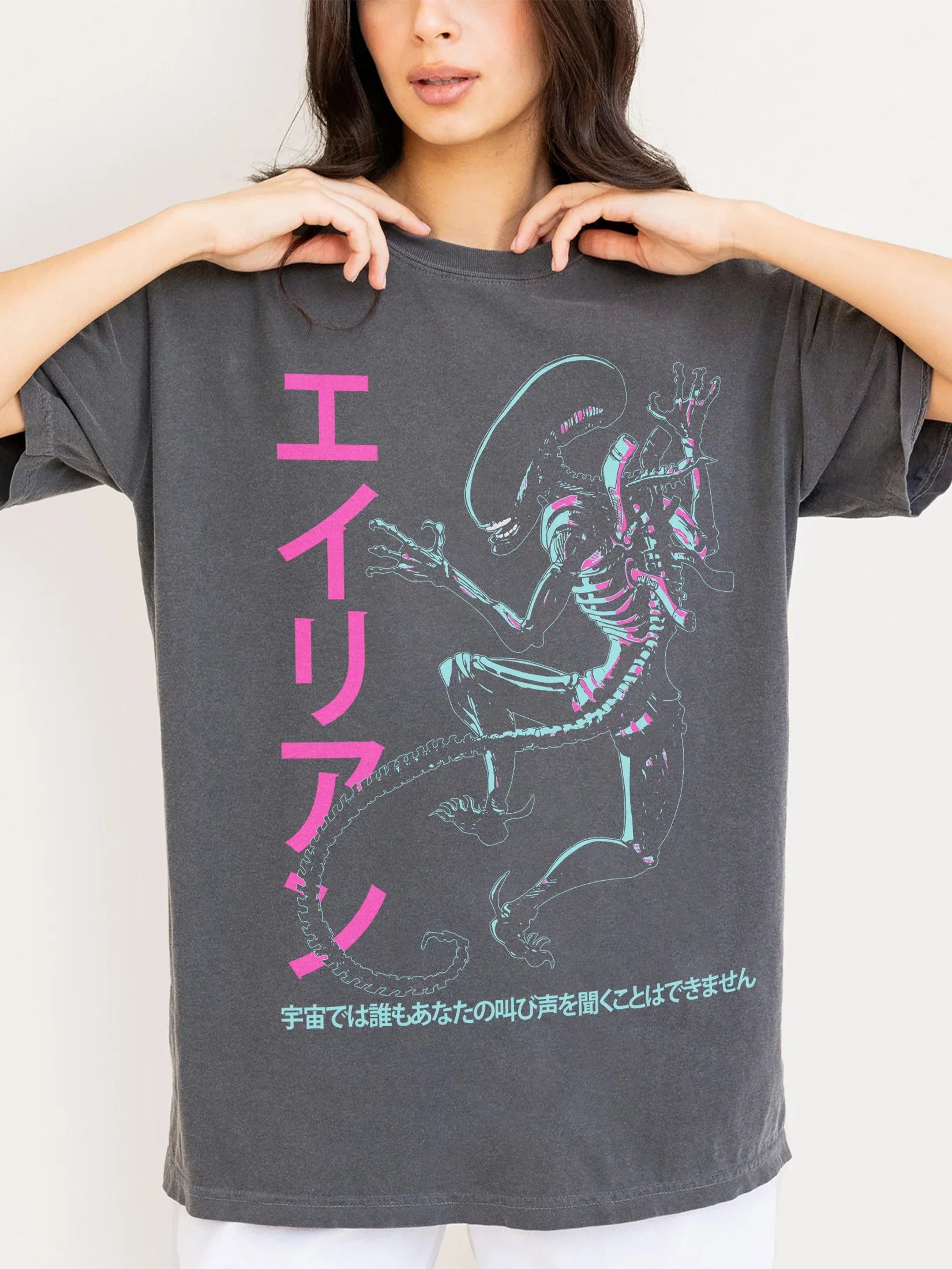 Faded black oversized Heavyweight Alien 1979 movie t-shirt with Japanese movie poster text and blue and pink xenomorph graphic