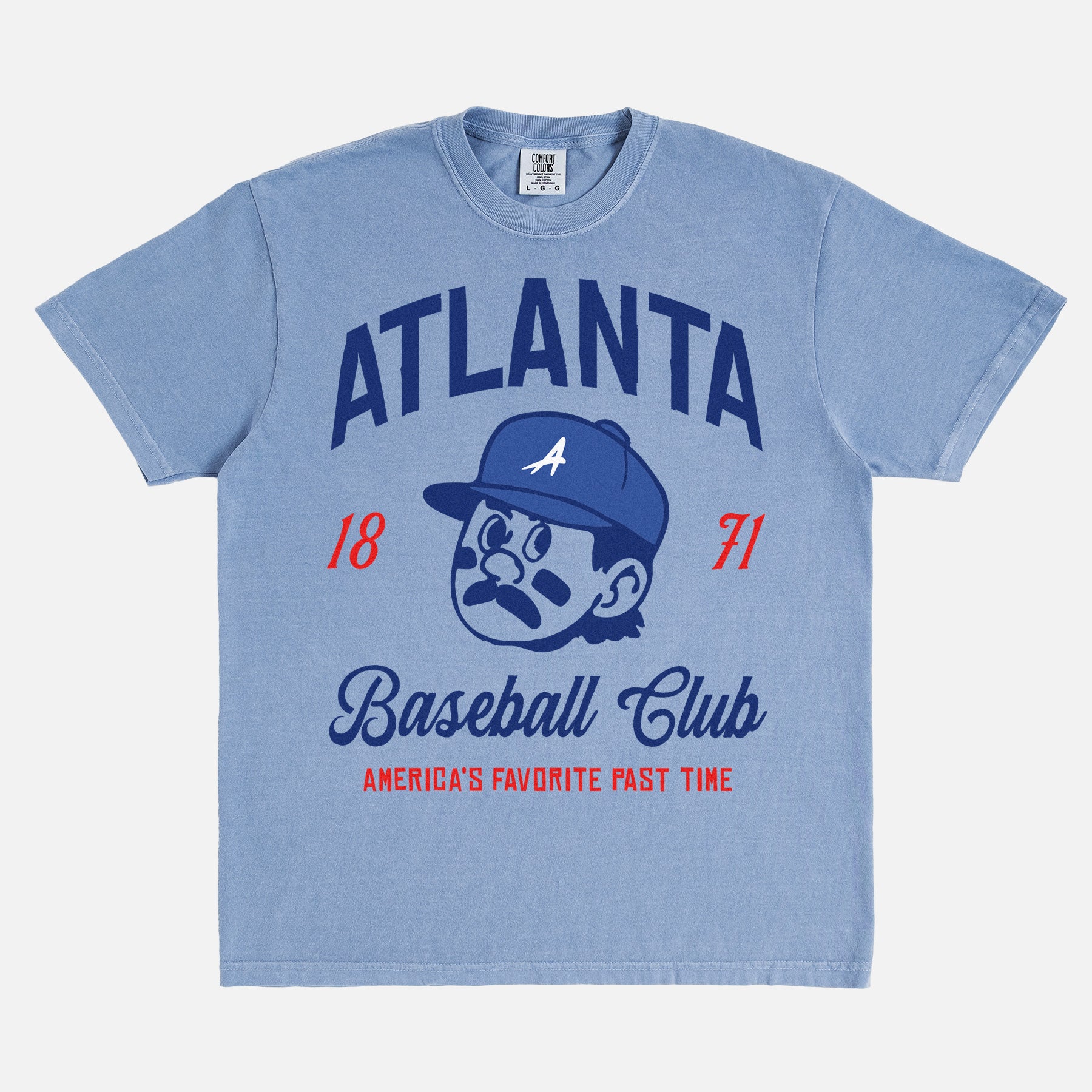 Vintage Atlanta Braves Baseball Club t-shirt with retro jersey font lettering on a washed blue comfort colors shirt