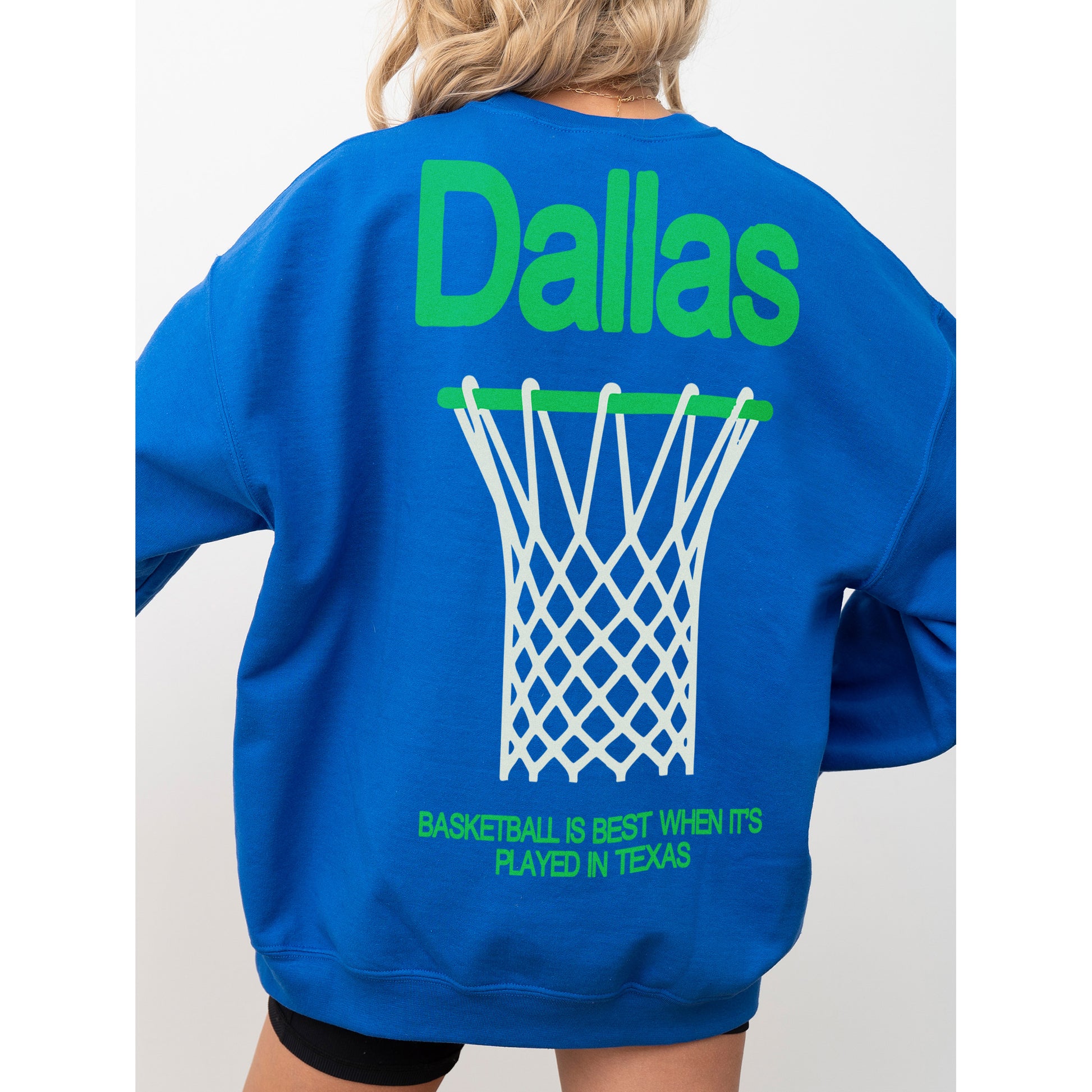Royal blue Dallas Mavericks throwback jersey crewneck sweatshirt with oversized green front and back print for men and women