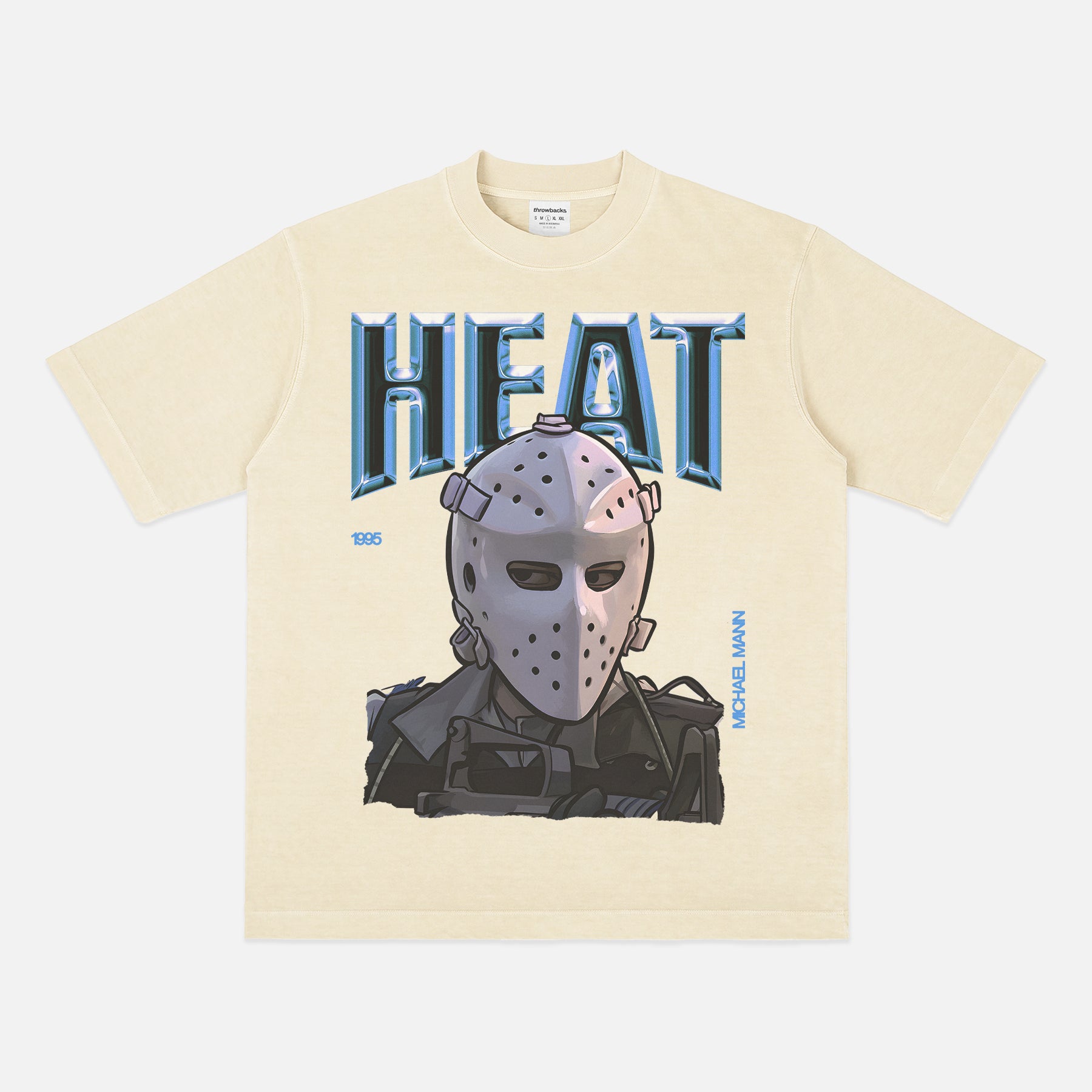1995 Heat Movie bootleg t-shirt with retro 90s chrome movie poster text on a heavyweight cream off white graphic tee for men for sale at Throwbacks