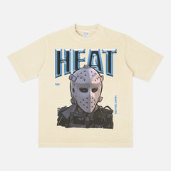 1995 Heat Movie bootleg t-shirt with retro 90s chrome movie poster text on a heavyweight cream off white graphic tee for men for sale at Throwbacks