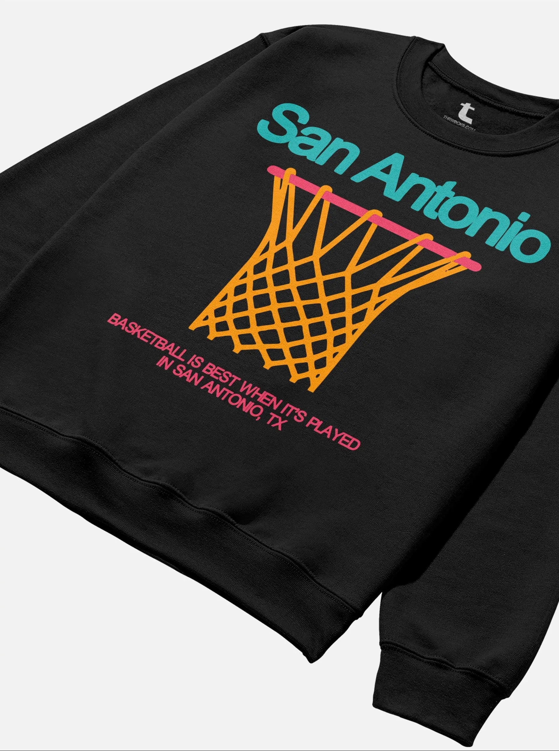 Heavyweight unisex black San Antonio Spurs Fiesta Colors basketball streetwear crewneck sweatshirt for men and women for sale at Throwbacks