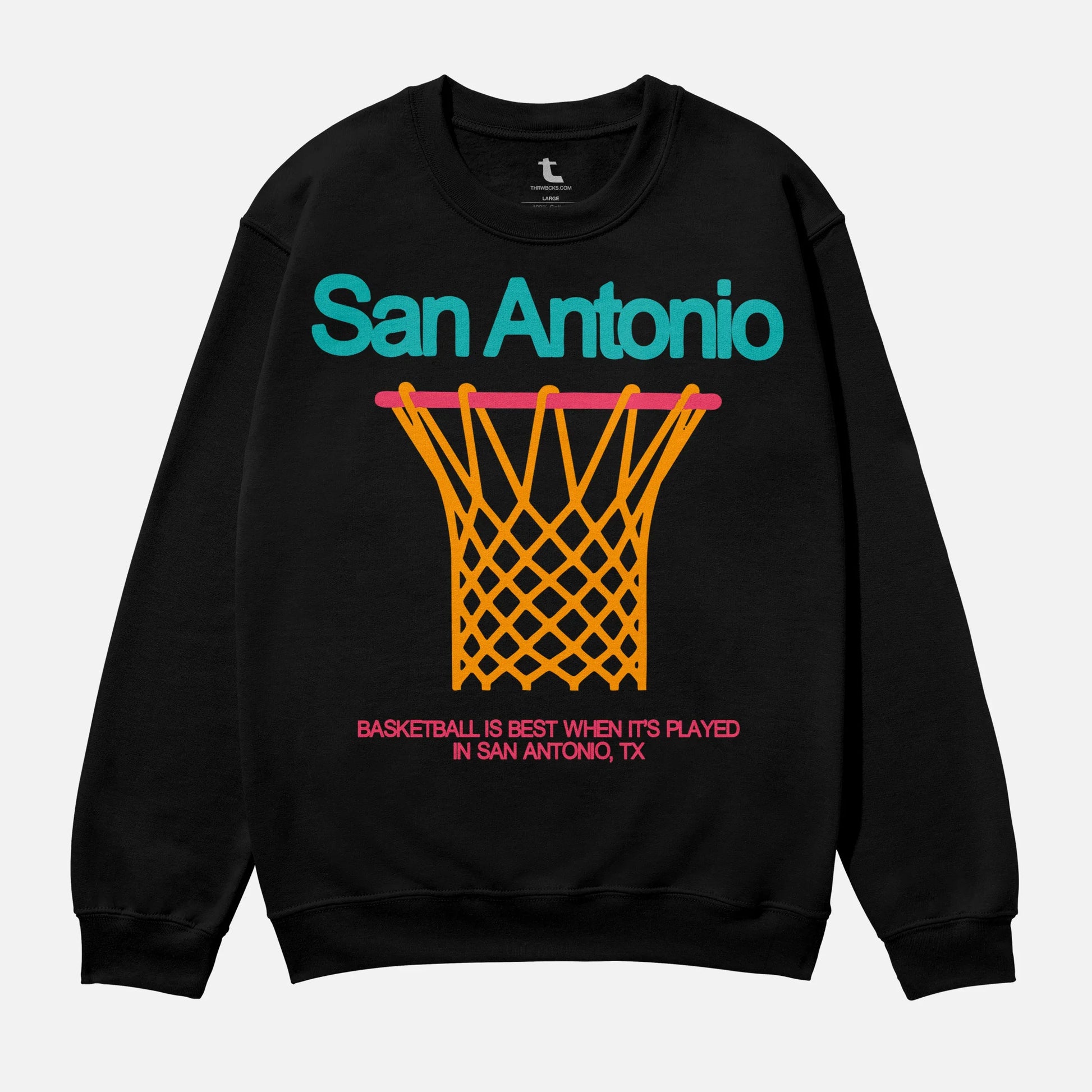 Heavyweight unisex black, teal, pink and orange San Antonio Spurs Fiesta Colors basketball streetwear crewneck sweatshirt for men and women for sale at Throwbacks