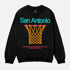 Heavyweight unisex black, teal, pink and orange San Antonio Spurs Fiesta Colors basketball streetwear crewneck sweatshirt for men and women for sale at Throwbacks