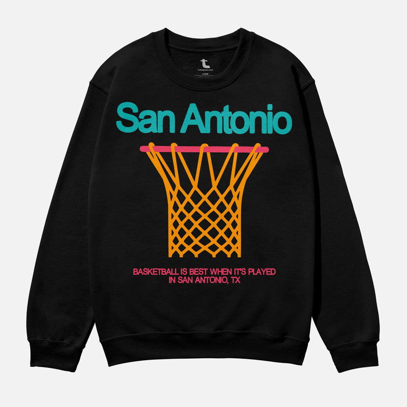 Heavyweight unisex black, teal, pink and orange San Antonio Spurs Fiesta Colors basketball streetwear crewneck sweatshirt for men and women for sale at Throwbacks