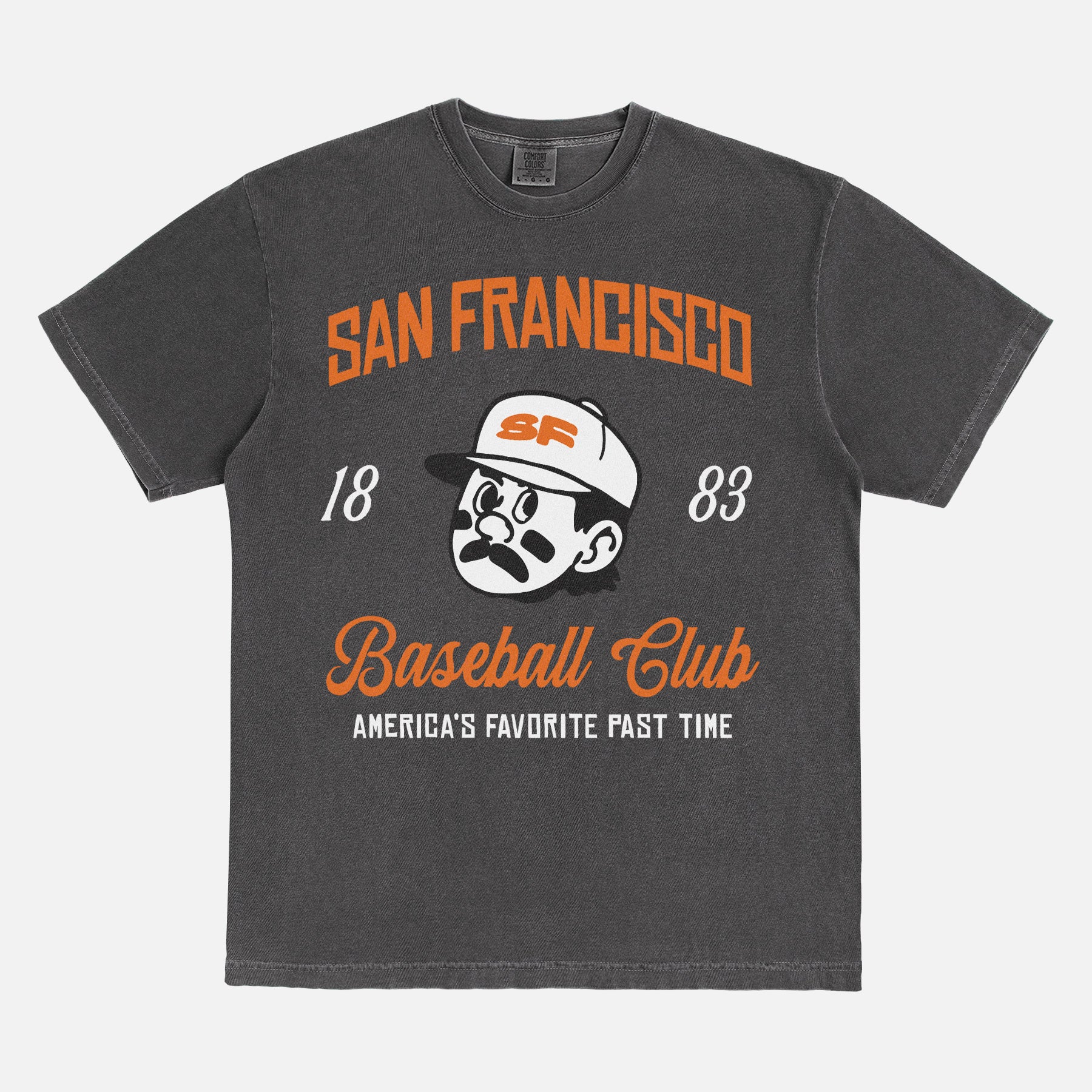 Vintage old school San Francisco Giants baseball club graphic tee with retro jersey lettering on a unisex washed black comfort colors shirt