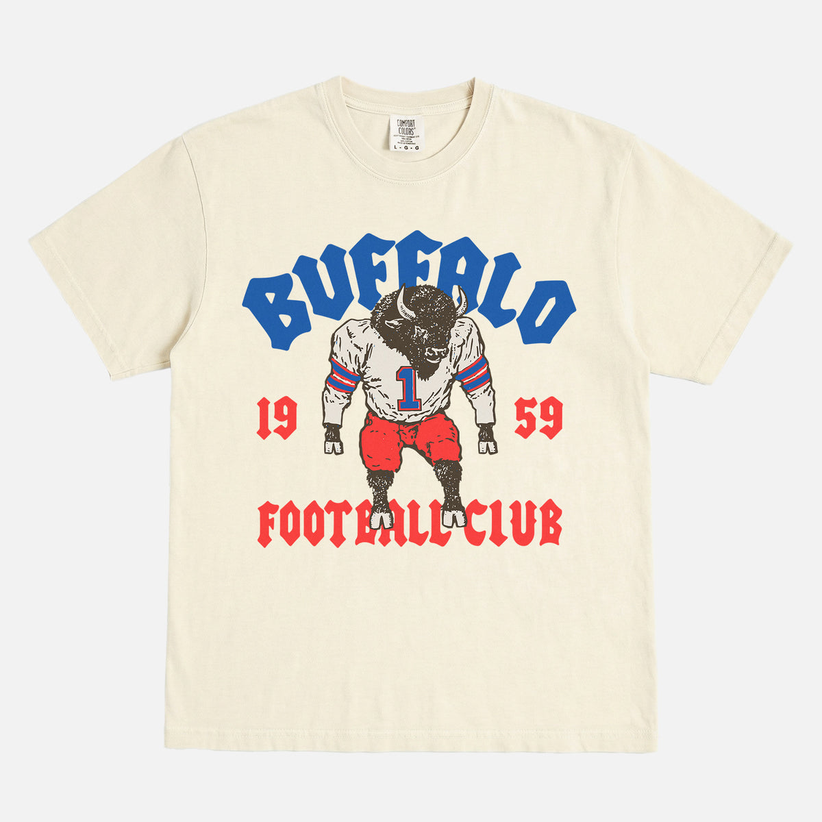 Retro Buffalo Bills NFL mascot t-shirt with vintage design on a washed royal cream comfort colors tee for sale at Throwbacks