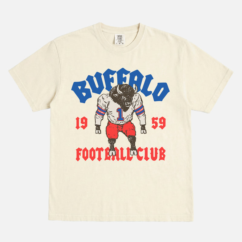 Retro Buffalo Bills NFL mascot t-shirt with vintage design on a washed royal cream comfort colors tee for sale at Throwbacks