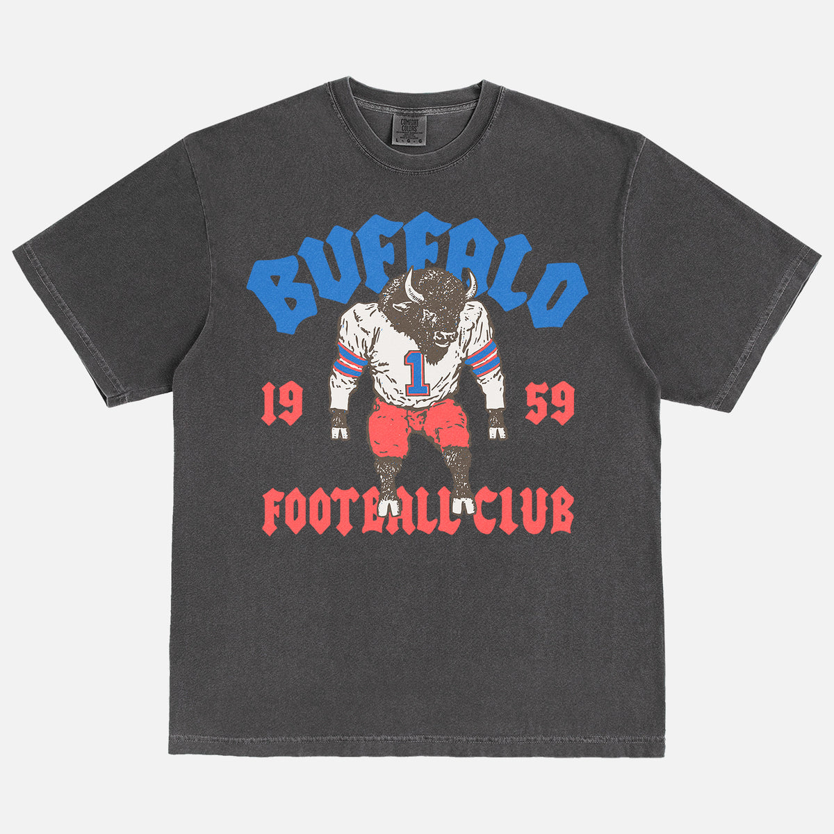 Retro Buffalo Bills NFL mascot t-shirt with vintage design on a washed royal black comfort colors tee for sale at Throwbacks