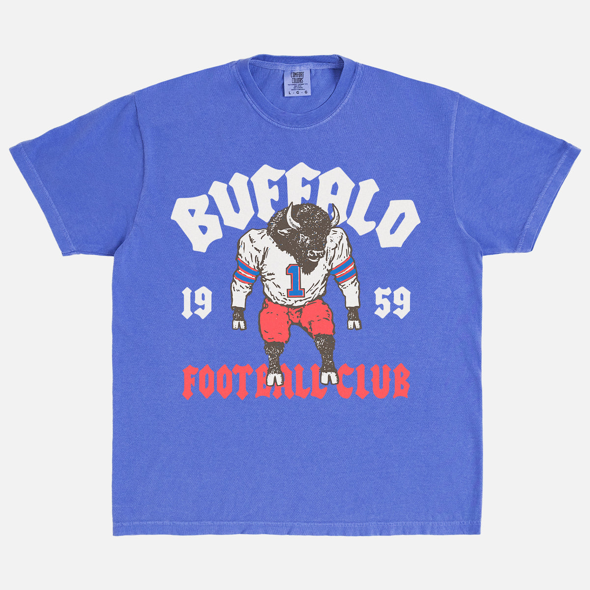 Retro Buffalo Bills NFL mascot t-shirt with vintage design on a washed royal blue comfort colors tee for sale at Throwbacks
