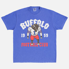 Retro Buffalo Bills NFL mascot t-shirt with vintage design on a washed royal blue comfort colors tee for sale at Throwbacks