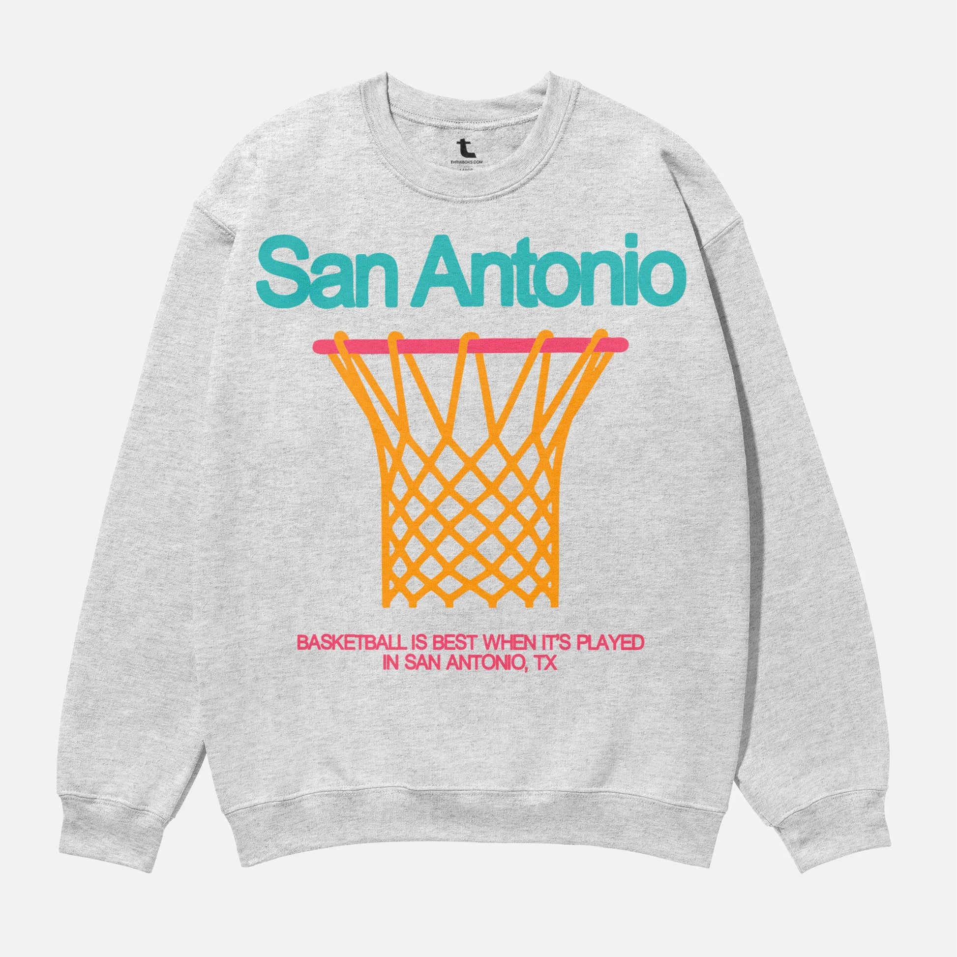 Heavyweight unisex grey teal, pink and orange San Antonio Spurs Fiesta Colors basketball streetwear crewneck sweatshirt for men and women for sale at Throwbacks