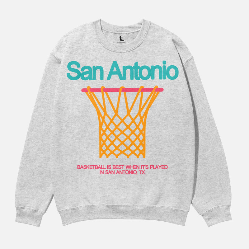 Heavyweight unisex grey teal, pink and orange San Antonio Spurs Fiesta Colors basketball streetwear crewneck sweatshirt for men and women for sale at Throwbacks