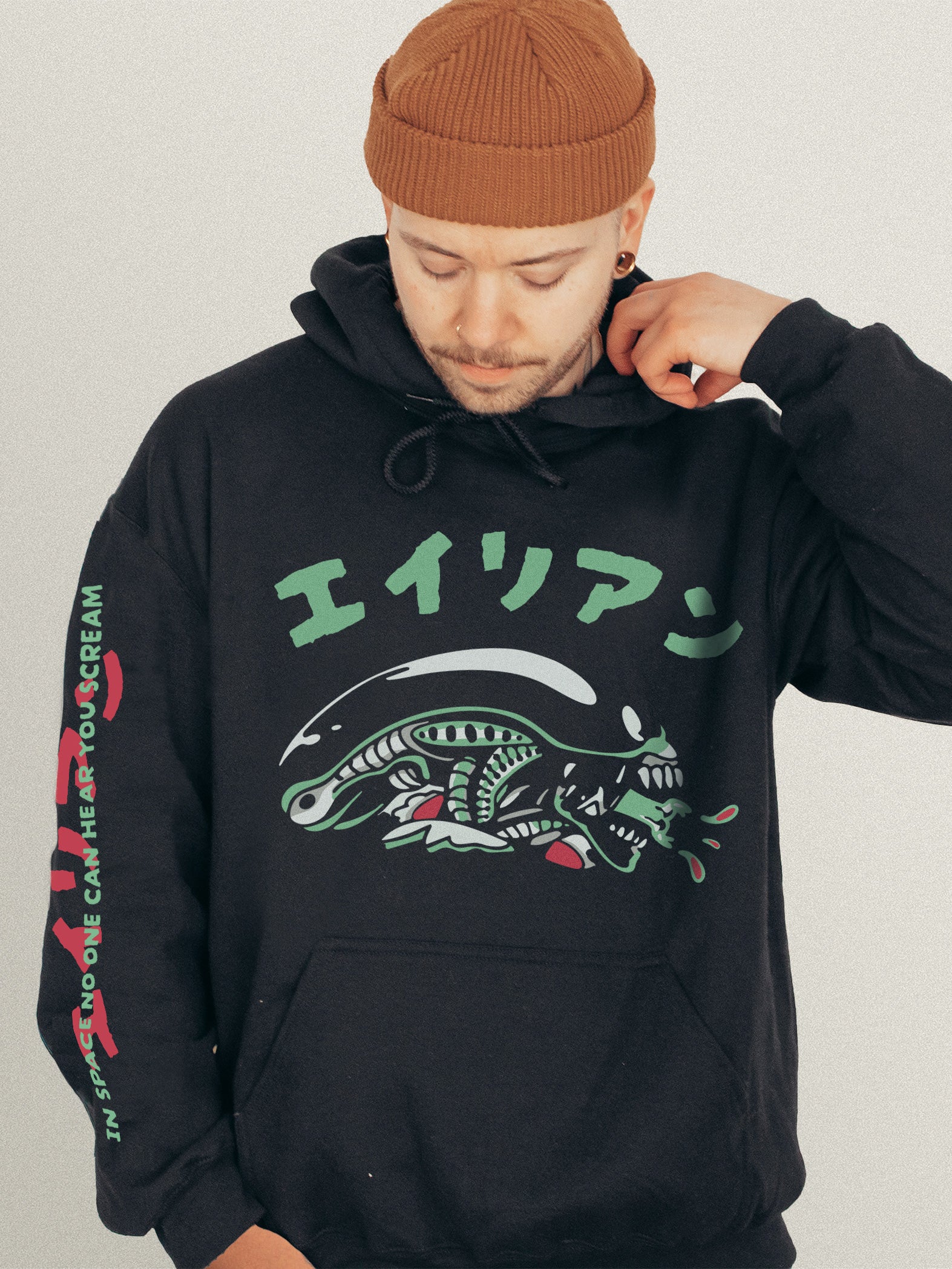 1979 Alien Movie hoodie with sleeve text, black retro sci-fi horror movie hooded sweatshirt with xenomorph and japanese movie poster text
