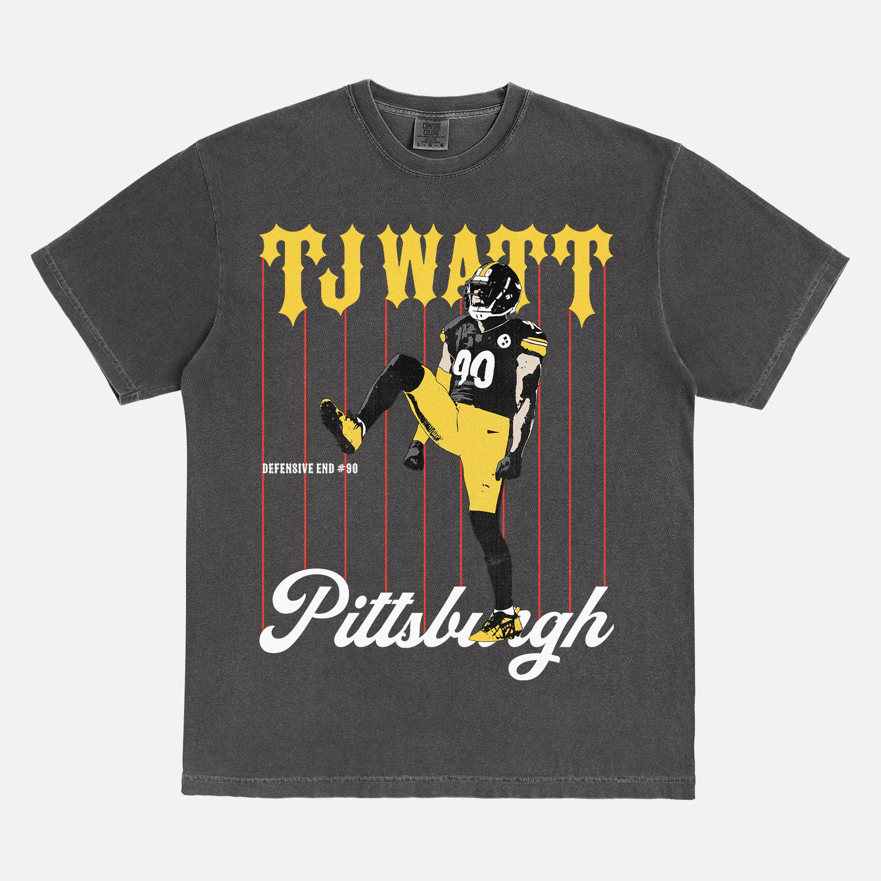 TJ Watt Pittsburgh Steelers football fan graphic t-shirt with vintage pinstripes on a faded black comfort colors shirt