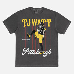 TJ Watt Pittsburgh Steelers football fan graphic t-shirt with vintage pinstripes on a faded black comfort colors shirt