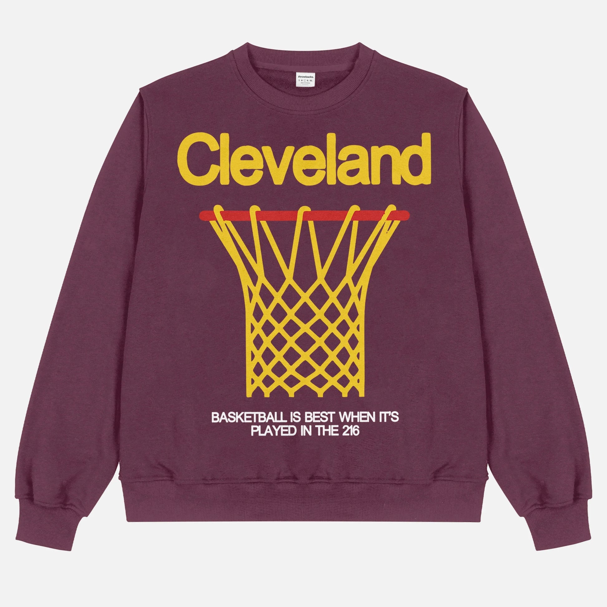 Cleveland Cavaliers heavyweight basketball streetwear crewneck in maroon with oversized yellow graphic for men and women for sale at Throwbacks