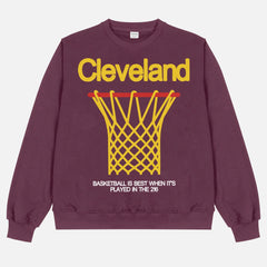 Cleveland Cavaliers heavyweight basketball streetwear crewneck in maroon with oversized yellow graphic for men and women for sale at Throwbacks