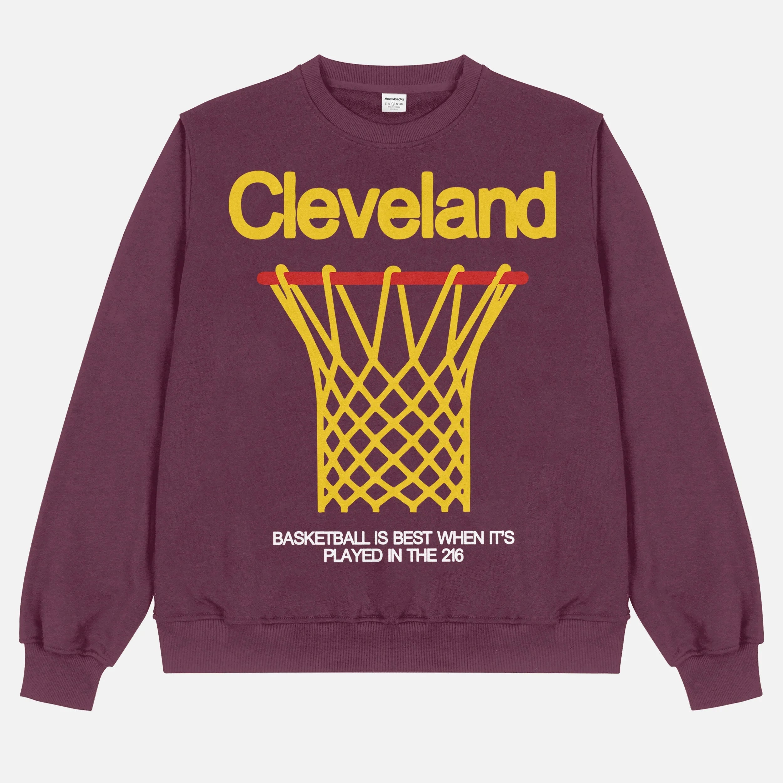 Cleveland Cavaliers heavyweight basketball streetwear crewneck in maroon with oversized yellow graphic for men and women for sale at Throwbacks