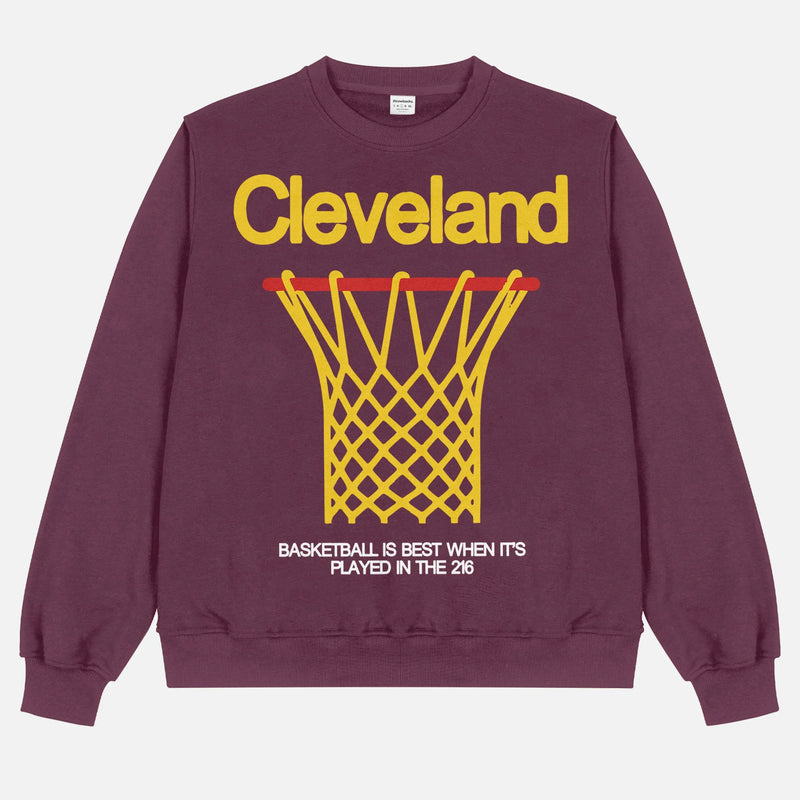 Cleveland Cavaliers heavyweight basketball streetwear crewneck in maroon with oversized yellow graphic for men and women for sale at Throwbacks
