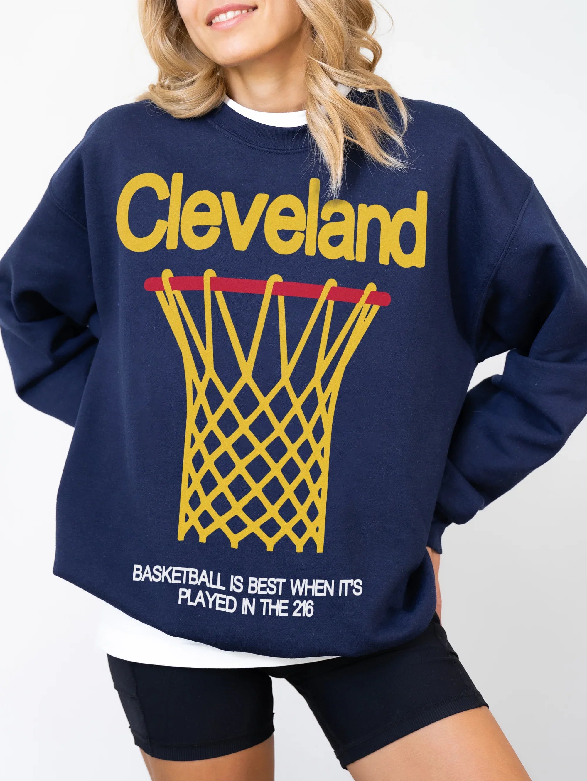 Cleveland Cavaliers heavyweight retro basketball streetwear crewneck in navy with oversized yellow graphic for men and women for sale at Throwbacks