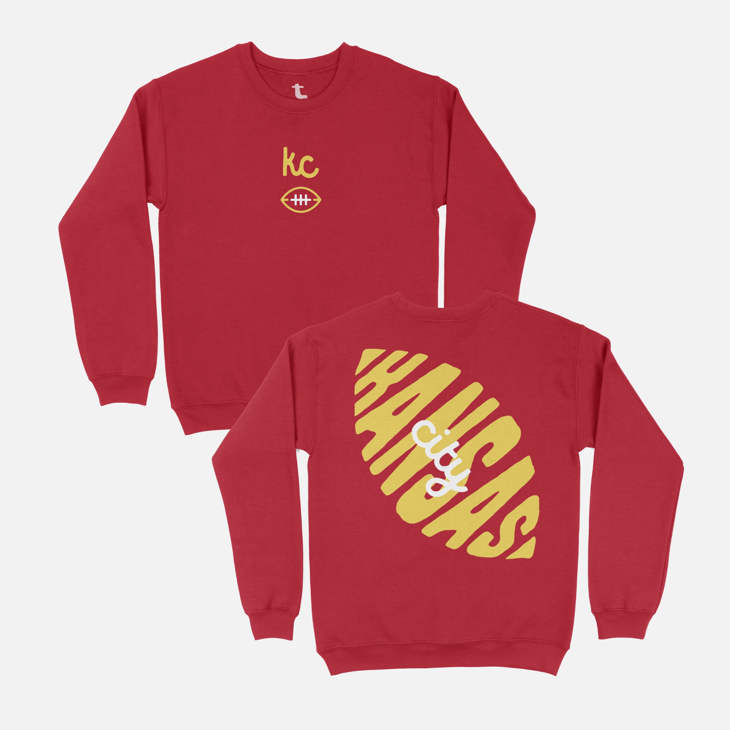 Red Kansas City Chiefs sweatshirt with yellow logo on a unisex crewneck sweater with front and back print for KC football fans