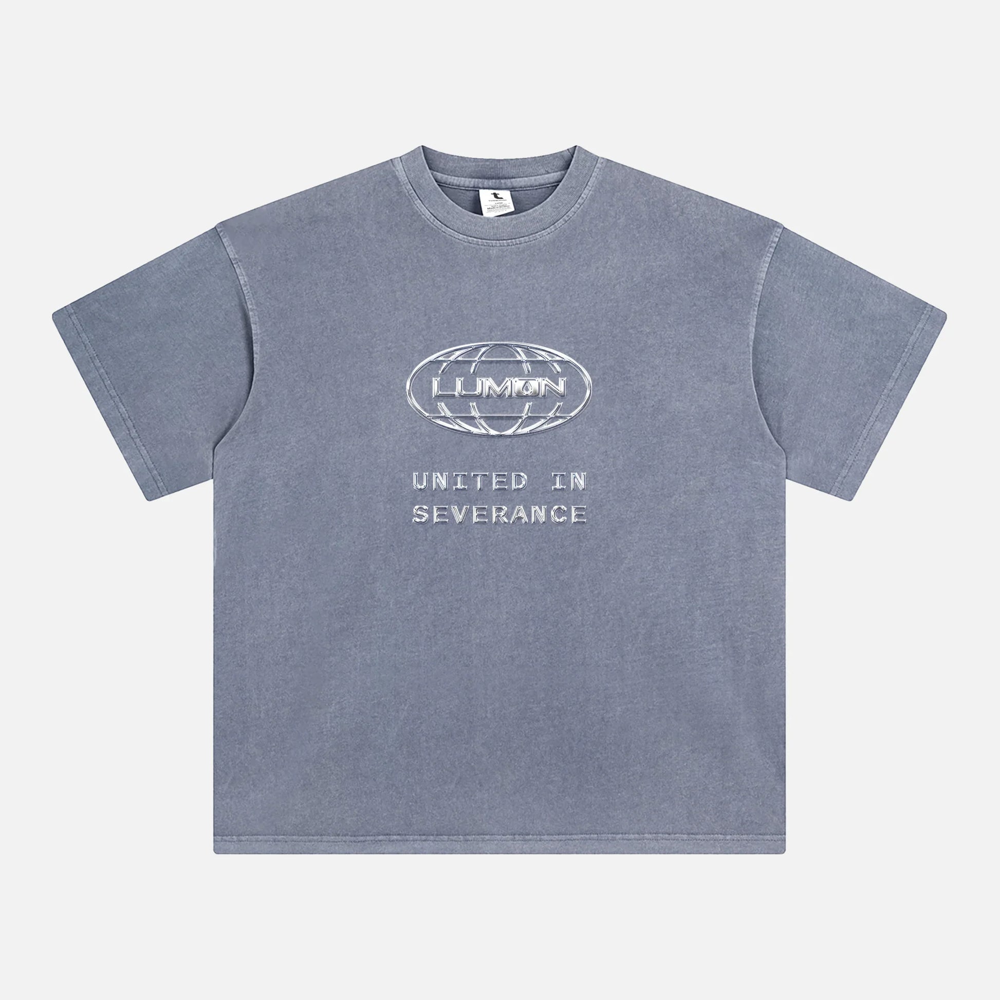 Macrodata Refinement Team at Lumon streetwear-style graphic tee featuring a custom chrome Lumon logo . Severance Apple TV Show t-shirt Printed on a faded denim blue unsiex t-shirt 